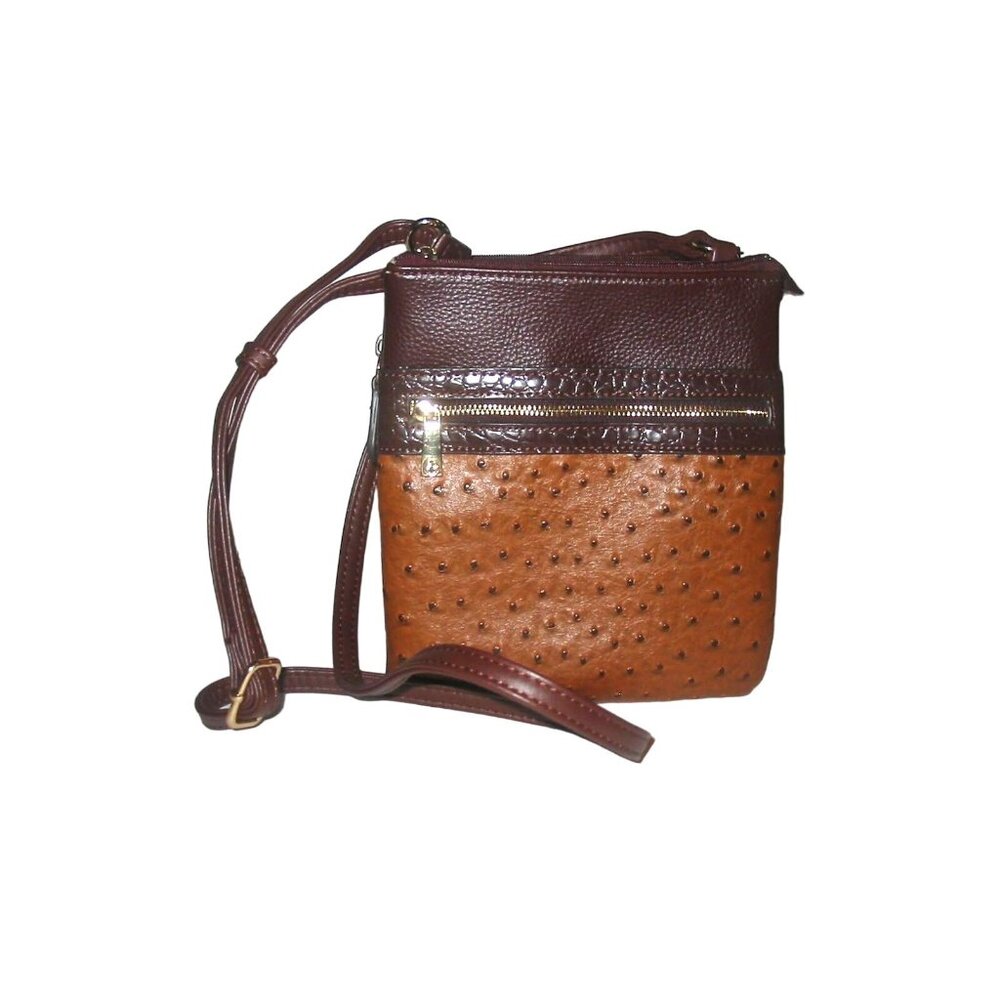 Faux Ostrich Leather Two-Tone Crossbody Bag With Zipper Pocket & Adjustable Stra